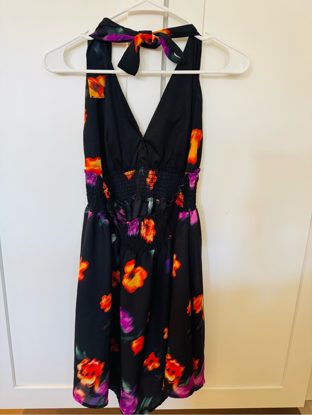 Backless Black Floral Halter Dress with Smocked Waist - Picture 2 of 3